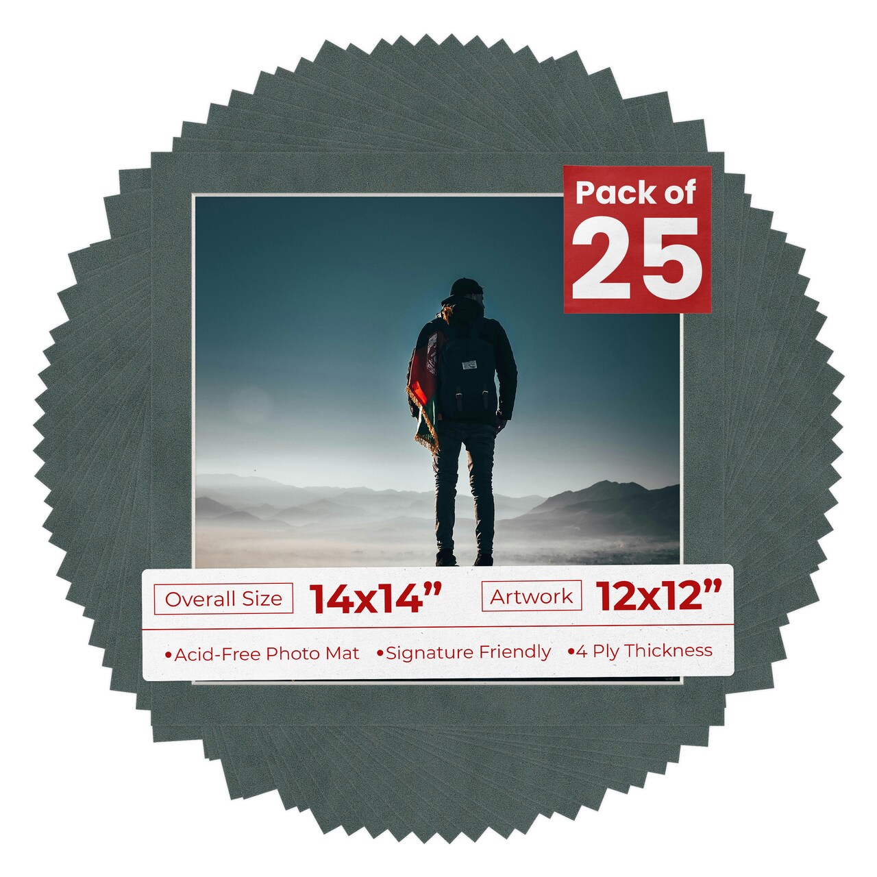 Dark Grey Suede Mat Board for 14x14 Frames - Fits 12x12 Photos